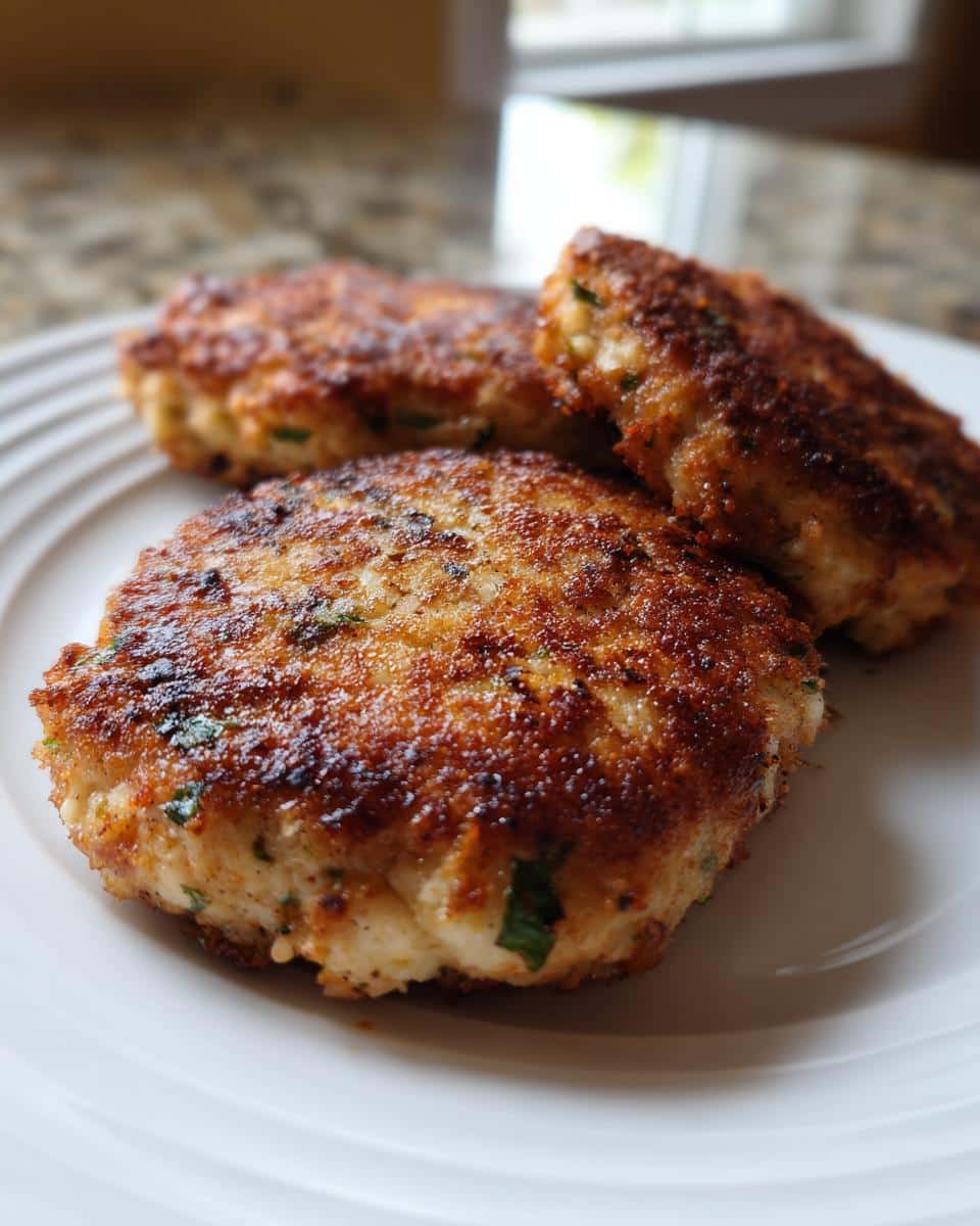 Close-up of three golden brown tuna cakes recipe on a white plate, showing crispy edges and flecks of green herbs.