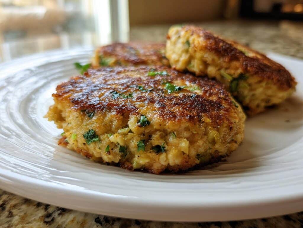 Three golden brown tuna cakes, garnished with fresh herbs, served on a white plate. This is a delicious tuna cakes recipe.