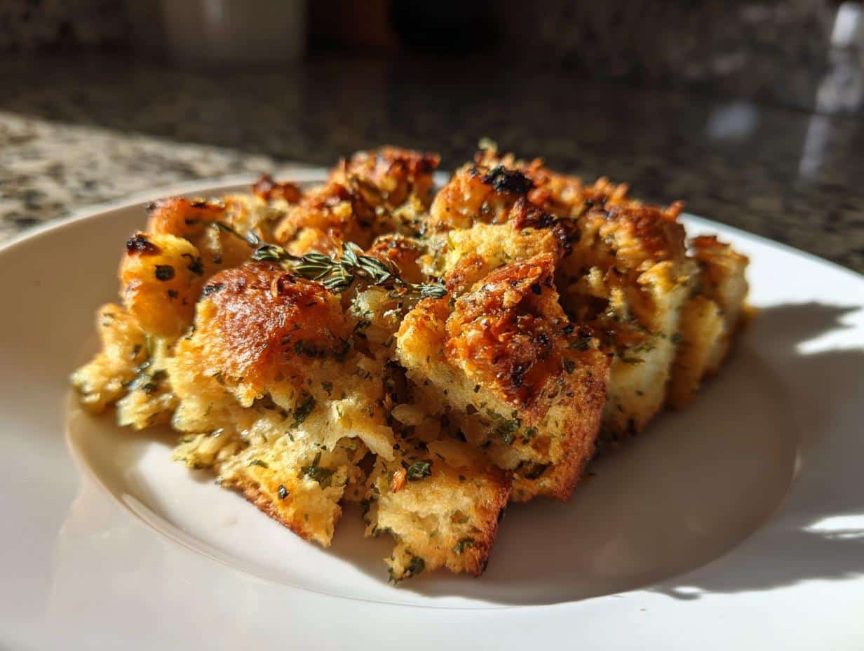 Close-up of a serving of golden brown vegetarian stuffing recipe, garnished with fresh herbs, on a white plate.