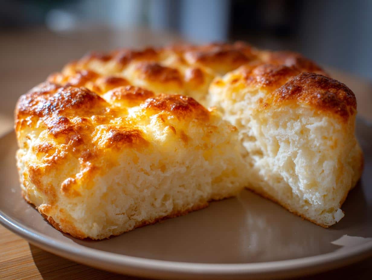 Close-up of golden brown cloud bread recipe easy keto low carb on a plate, showing its fluffy texture and crispy top.