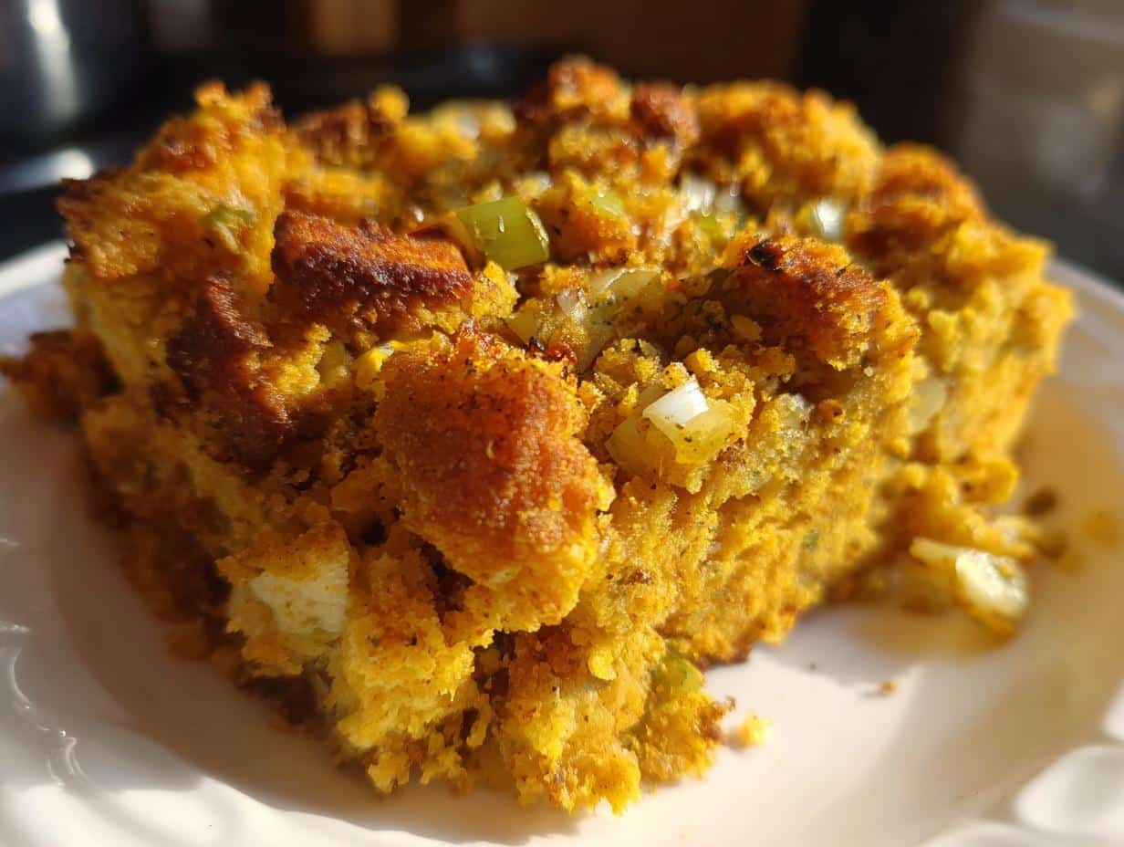 A close-up shot of a golden-brown slice of cornbread stuffing on a white plate, showing visible herbs and vegetables.