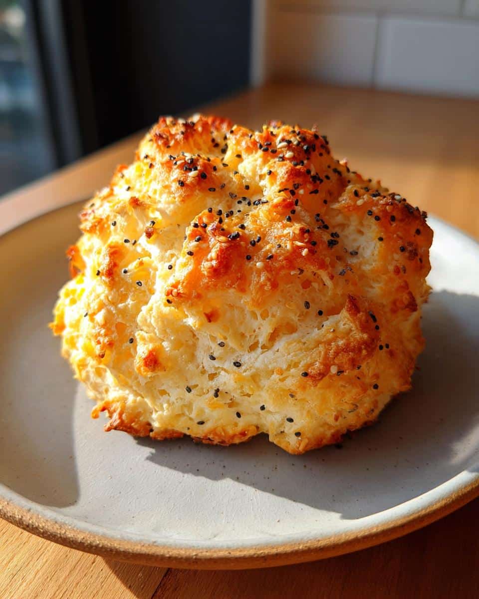 A single golden-brown Cottage Cheese Flagels on a light gray plate, topped with black and white sesame seeds.