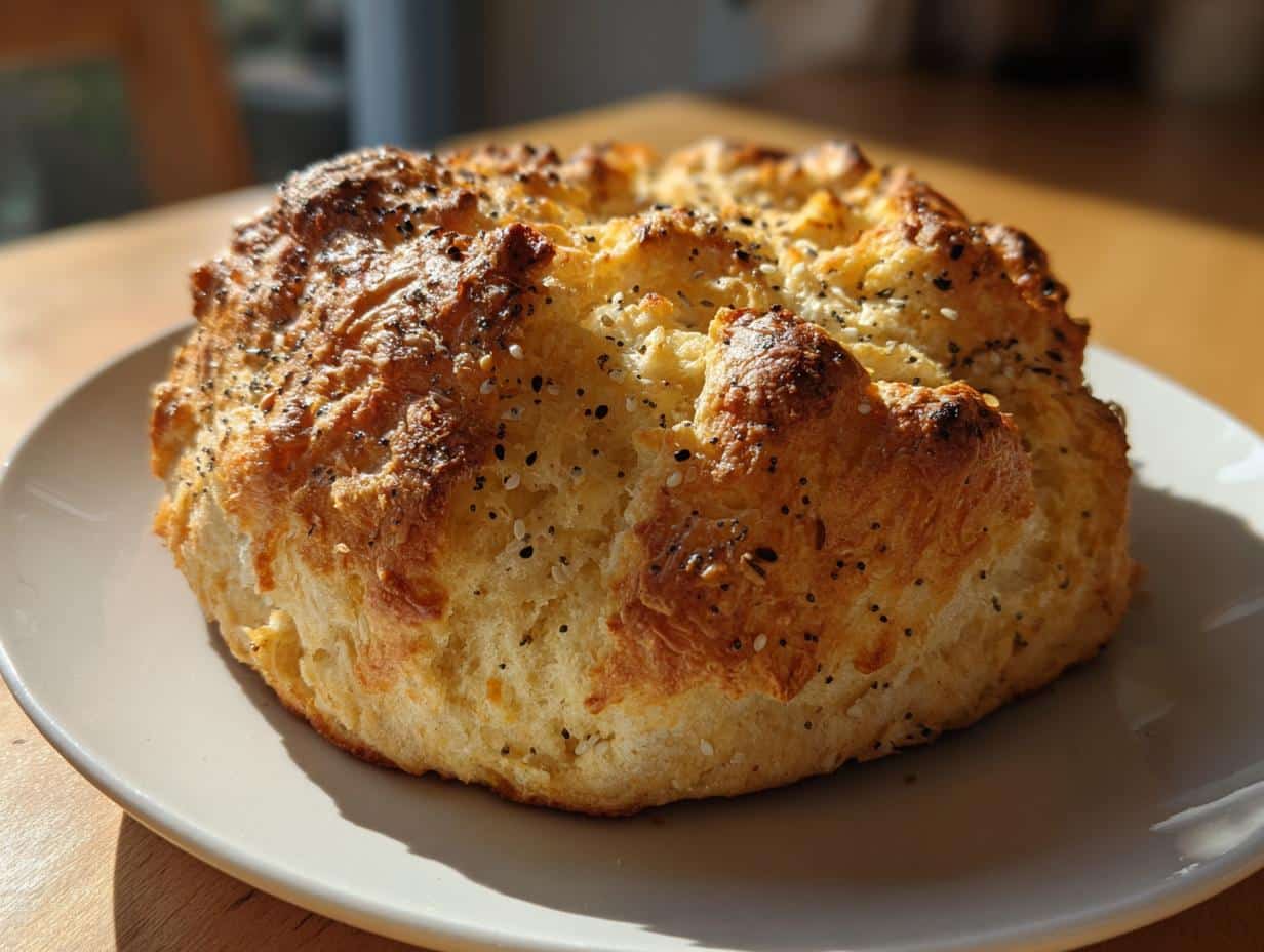 A close-up of a golden brown, freshly baked Cottage Cheese Flagels on a white plate, topped with seeds.