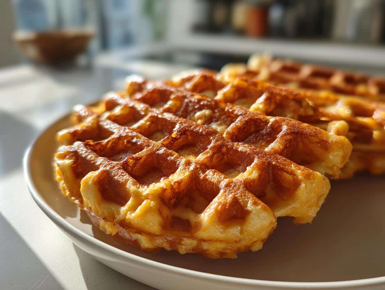 Close-up of golden brown Crispy Mac & Cheese Waffles with visible waffle texture on a white plate.