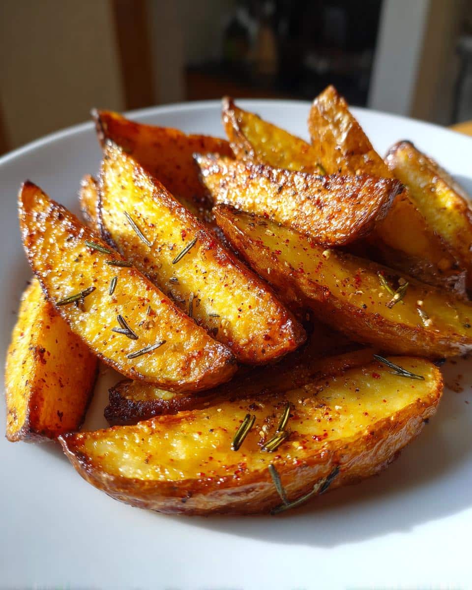 A close-up of golden brown potato wedges baked, seasoned with herbs and spices, served on a white plate.
