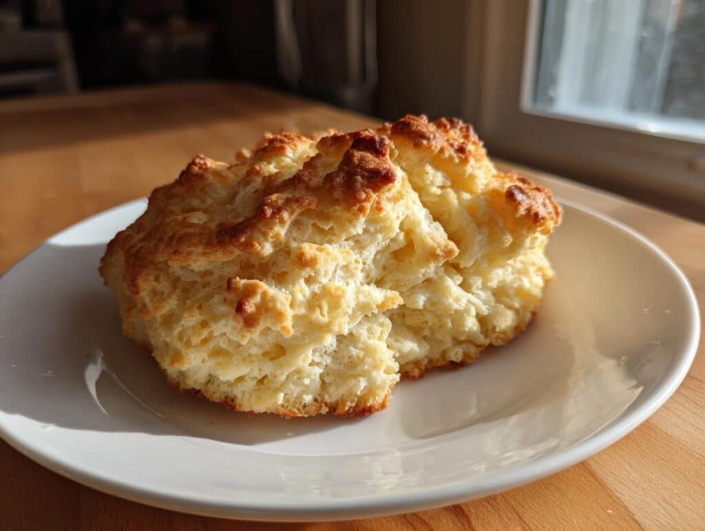A single, golden brown, fluffy gluten free biscuit on a white plate, with a window in the background.