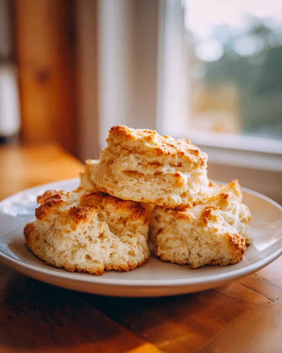 A stack of freshly baked, golden brown gluten free biscuits on a white plate, with a window in the background.