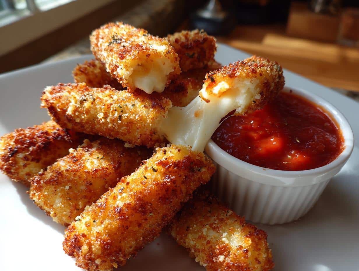 A plate of golden-brown gluten free mozzarella sticks with one stick pulled apart, showing melted, stringy cheese, next to a bowl of marinara sauce.