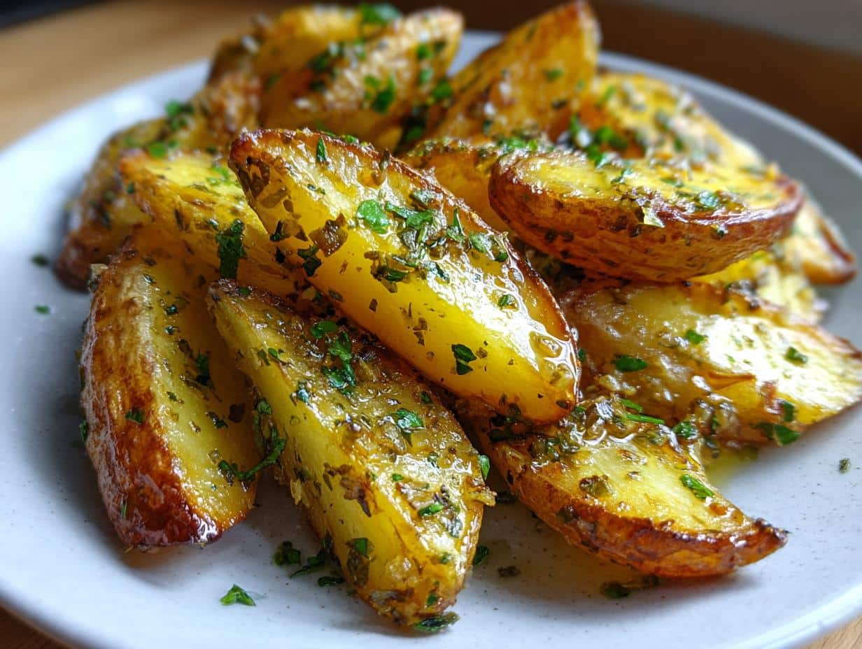 A close-up of golden brown roasted greek lemon garlic potatoes, glistening with sauce and sprinkled with fresh herbs.