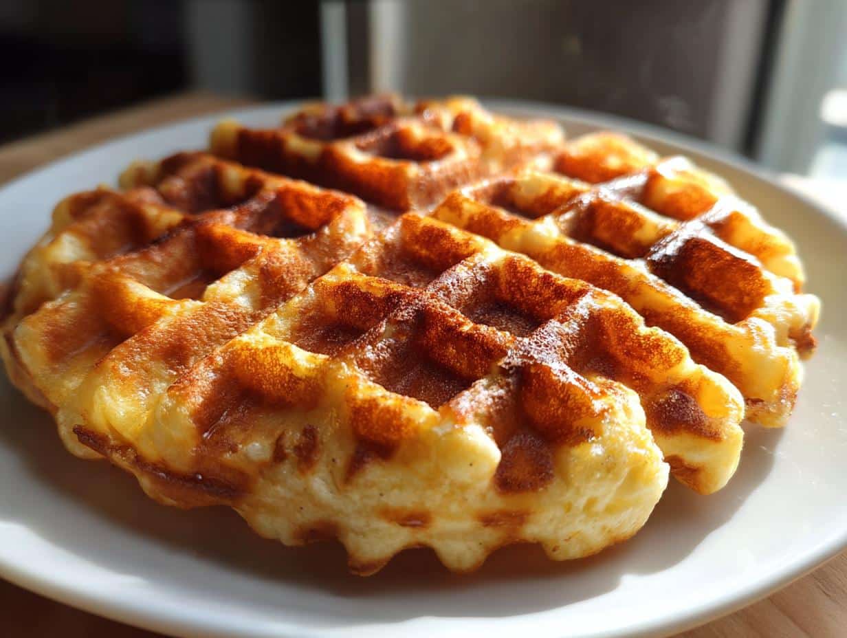 A single, perfectly golden brown High Protein Waffle on a white plate, ready to be served for an epic morning.