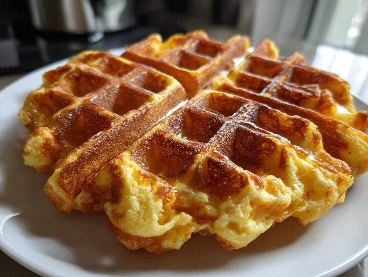 Close-up of a golden brown, fluffy High Protein Waffles on a white plate, lightly drizzled with syrup.