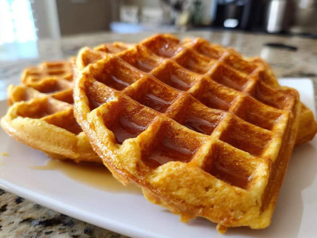 Close-up of two golden-brown High Protein Waffles drizzled with maple syrup on a white plate.