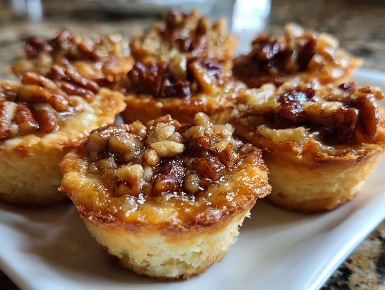Close-up of several golden-brown pecan tassies with shiny, caramelized pecan topping on a white plate.