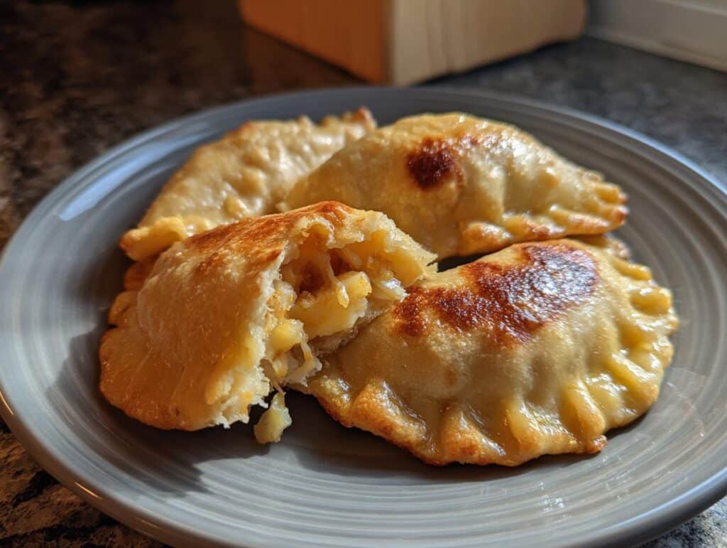 Close-up of golden-brown pierogi on a plate, one split open revealing a potato filling. Delicious Pierogi Recipe.