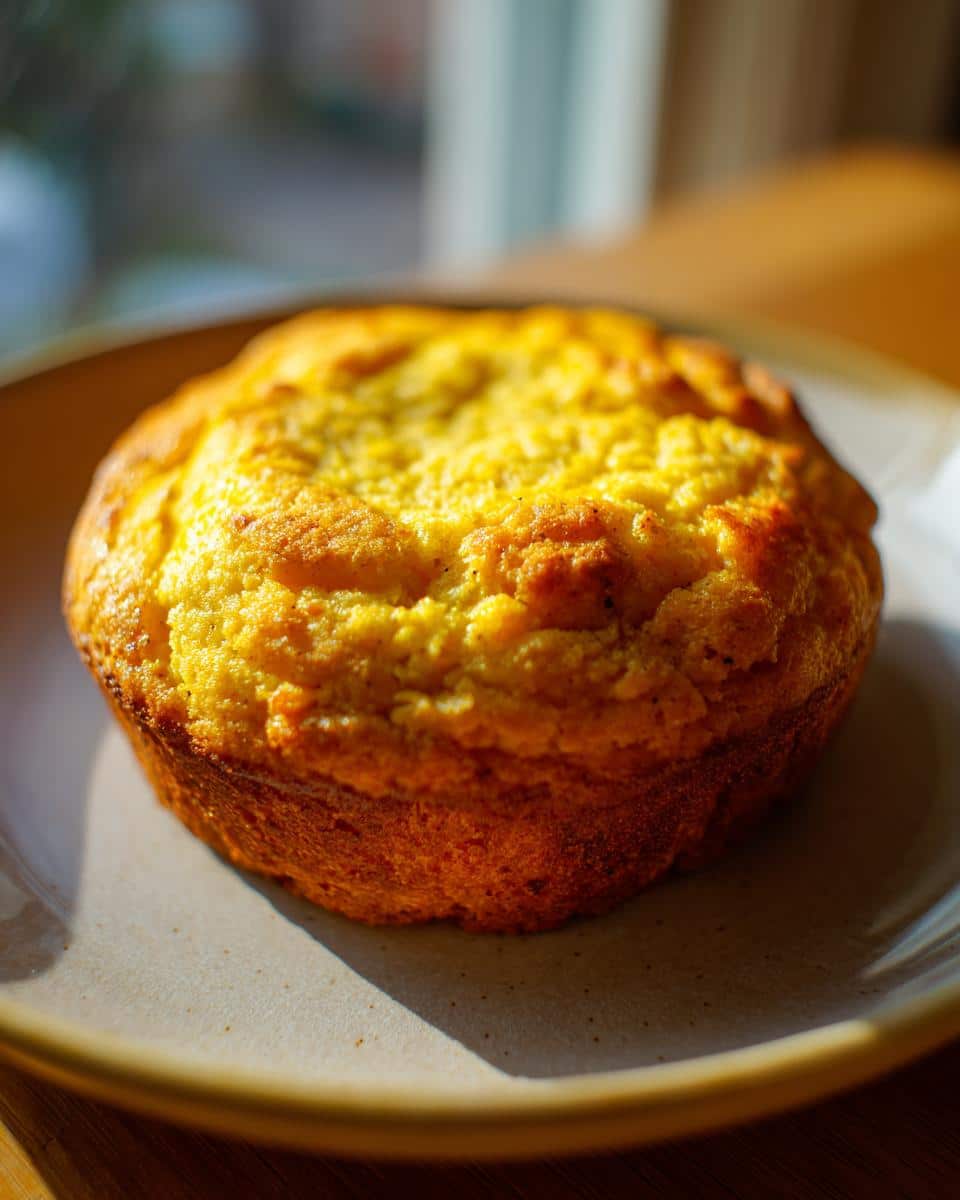 A single golden-brown muffin-shaped Pumpkin Cheesecake Cookie on a light plate, with a slightly textured top.