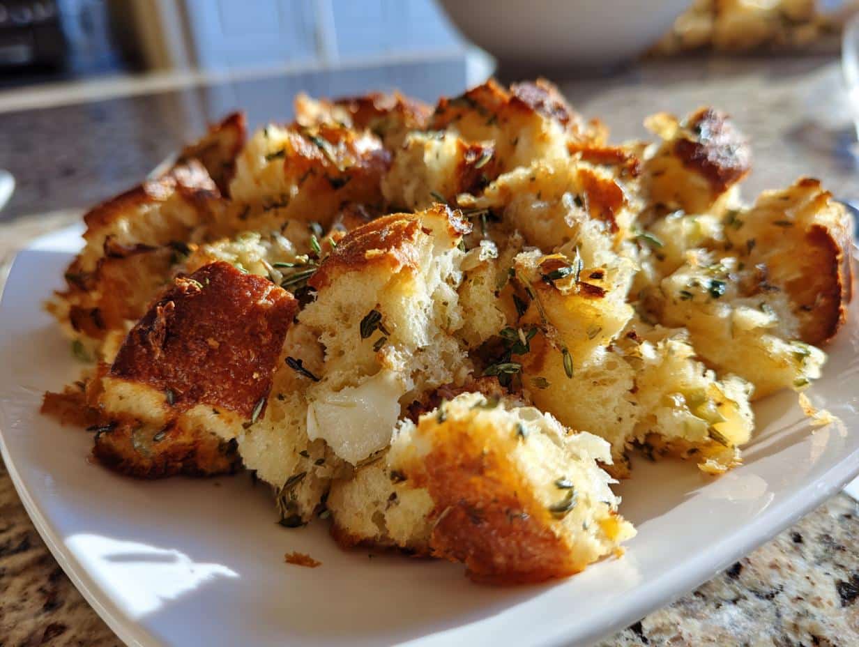 A close-up shot of golden-brown vegetarian stuffing with herbs and crispy edges on a white plate.