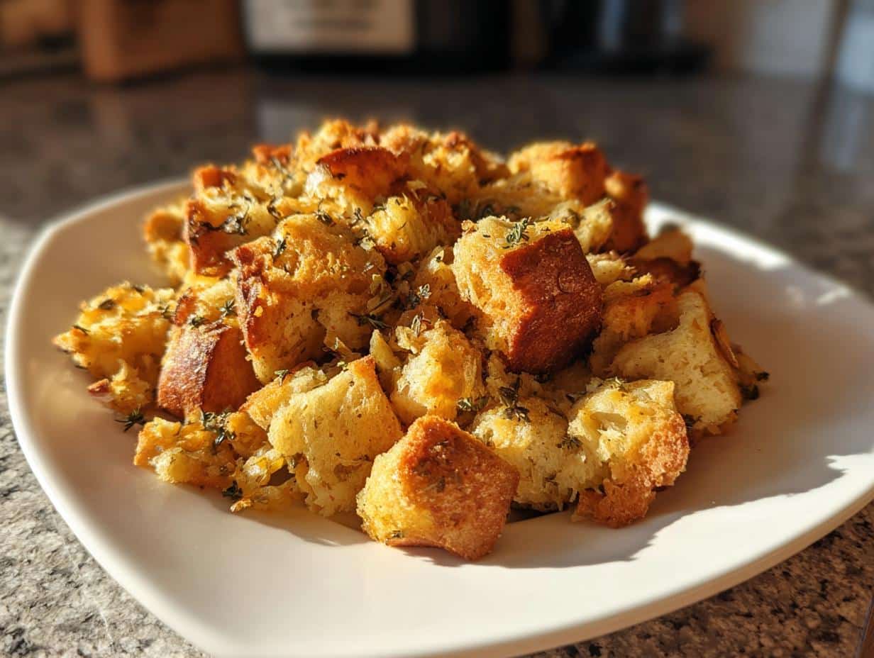 Close-up of a serving of golden-brown vegetarian stuffing recipe, garnished with fresh herbs on a white plate.