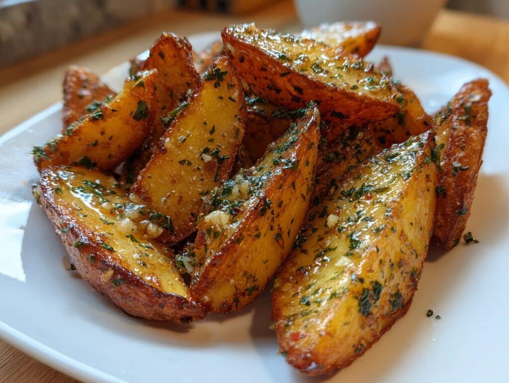 A close-up shot of crispy, golden-brown Greek lemon garlic potatoes on a white plate, garnished with fresh herbs.