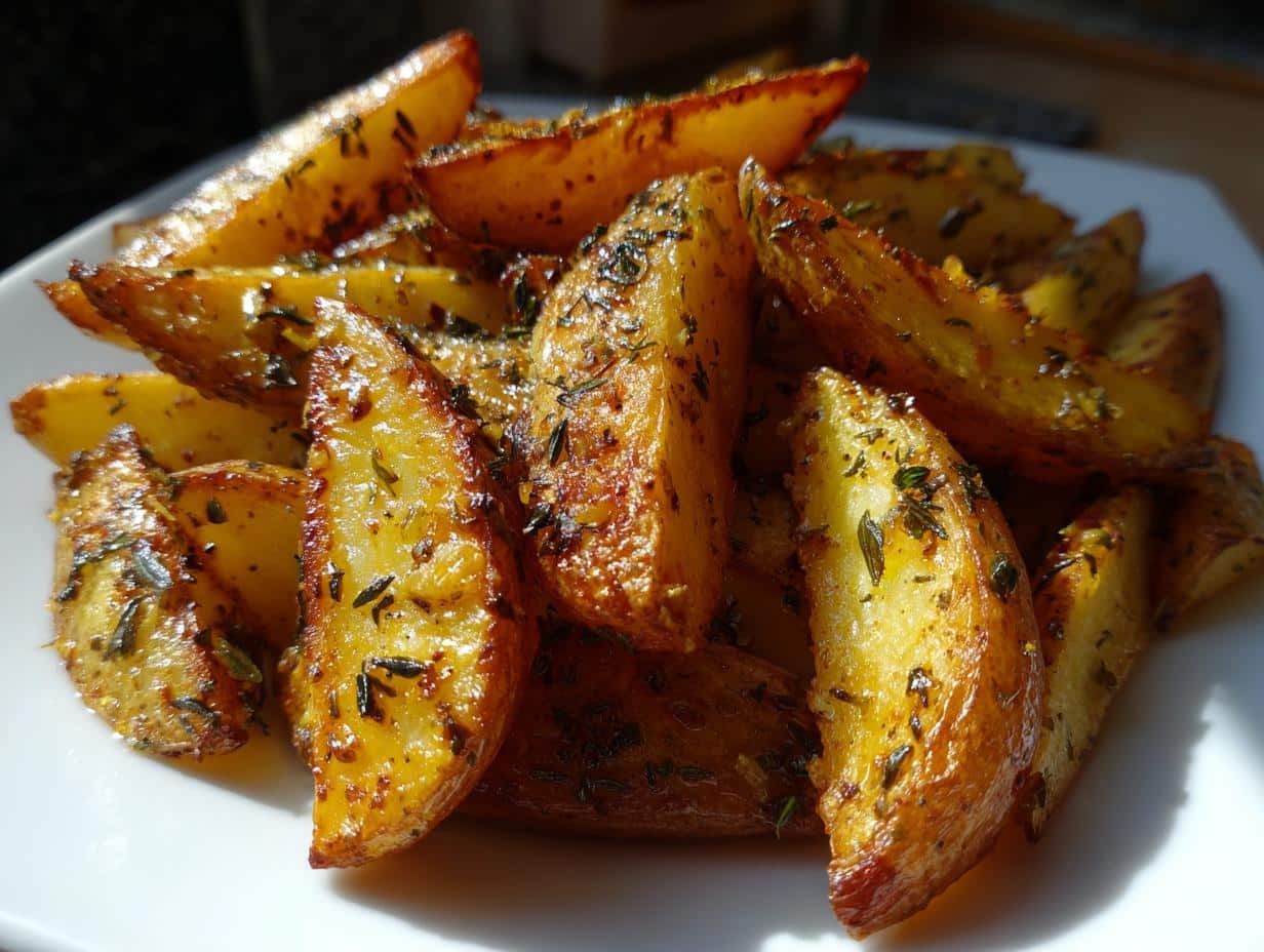 A close-up shot of perfectly roasted greek lemon garlic potatoes, seasoned with herbs, on a white plate.