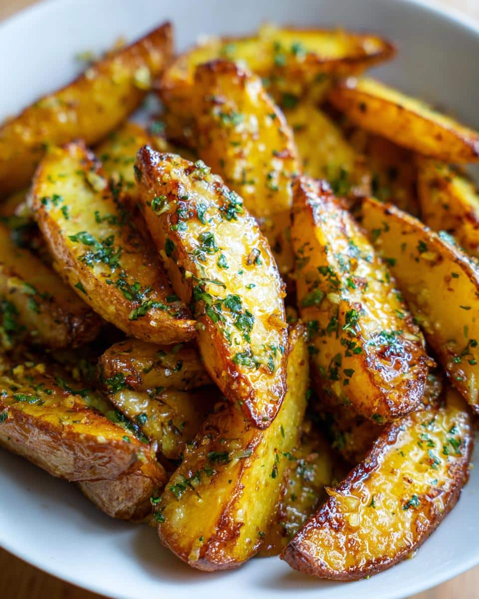 Close-up of perfectly roasted Greek lemon garlic potatoes, golden brown and garnished with fresh parsley.