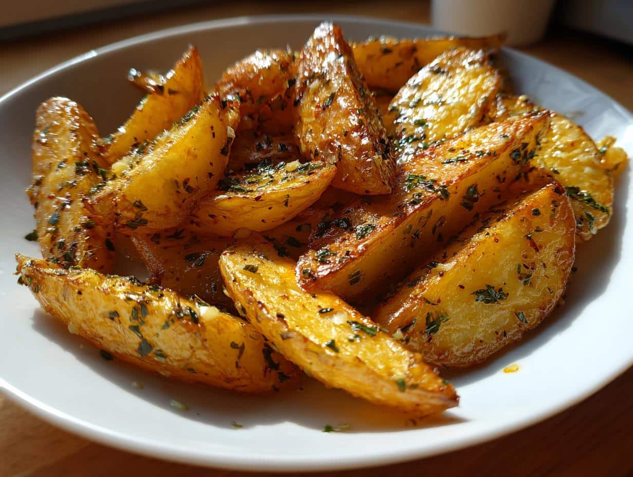 Close-up of a white bowl filled with golden-brown Greek lemon garlic potatoes, garnished with herbs.