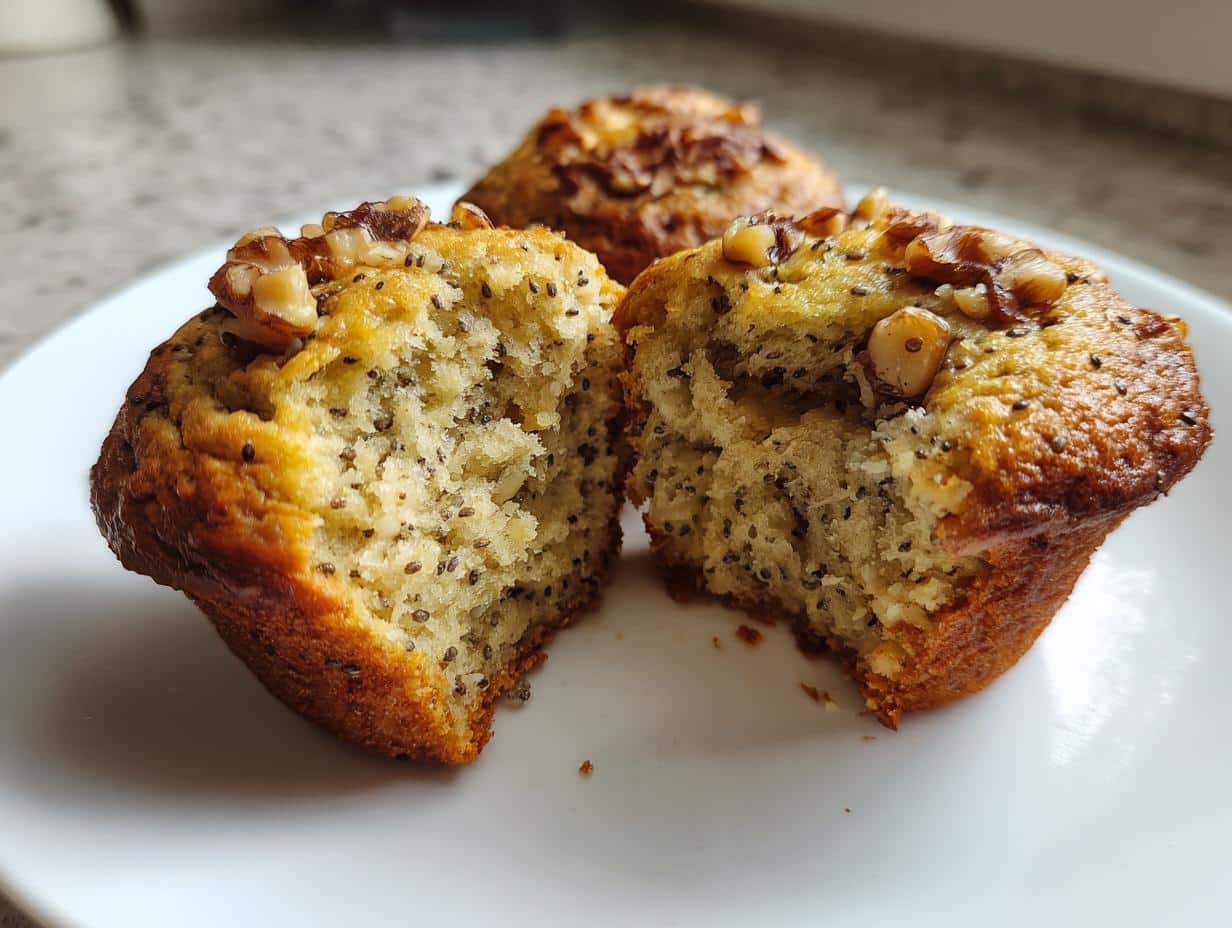 A close-up of a gluten free banana walnut chia muffin, split in half to show its moist, fluffy interior with visible chia seeds and walnuts.