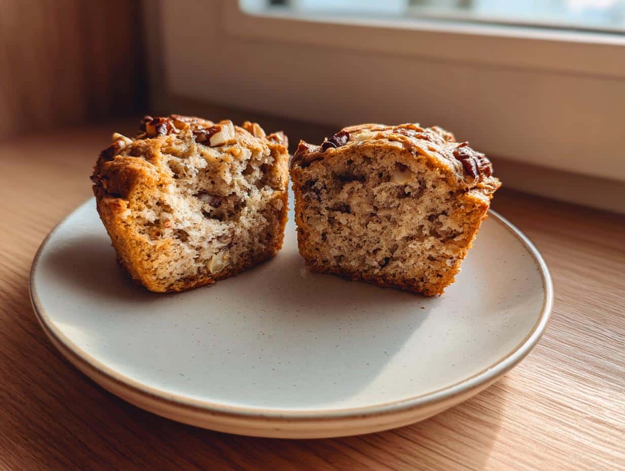 A high protein cottage cheese pumpkin muffin cut in half on a white plate, revealing its moist texture and nuts.