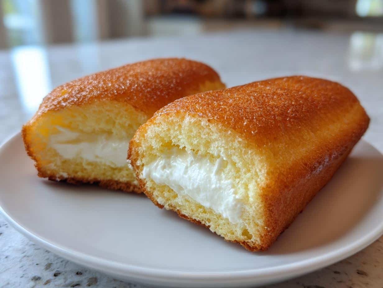 Two golden-brown Homemade Twinkies, cut in half to show the creamy white filling, resting on a white plate.