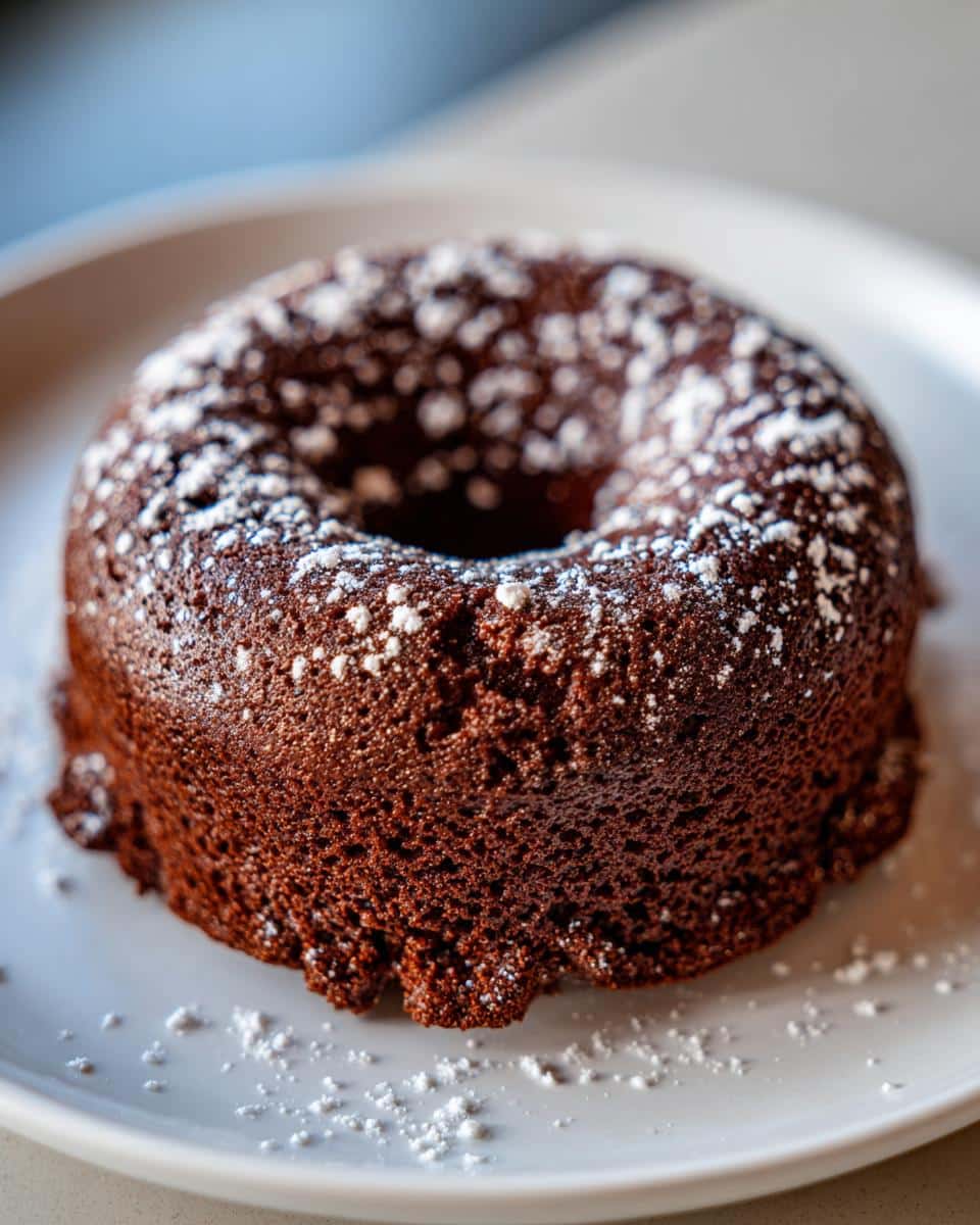 A single Healthy Chocolate Protein Donut, dusted with powdered sugar, on a white plate.