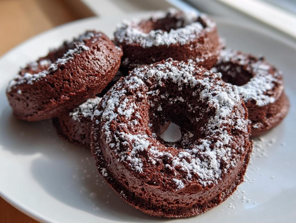 A close-up of several Healthy Chocolate Protein Donuts dusted with powdered sugar on a white plate.