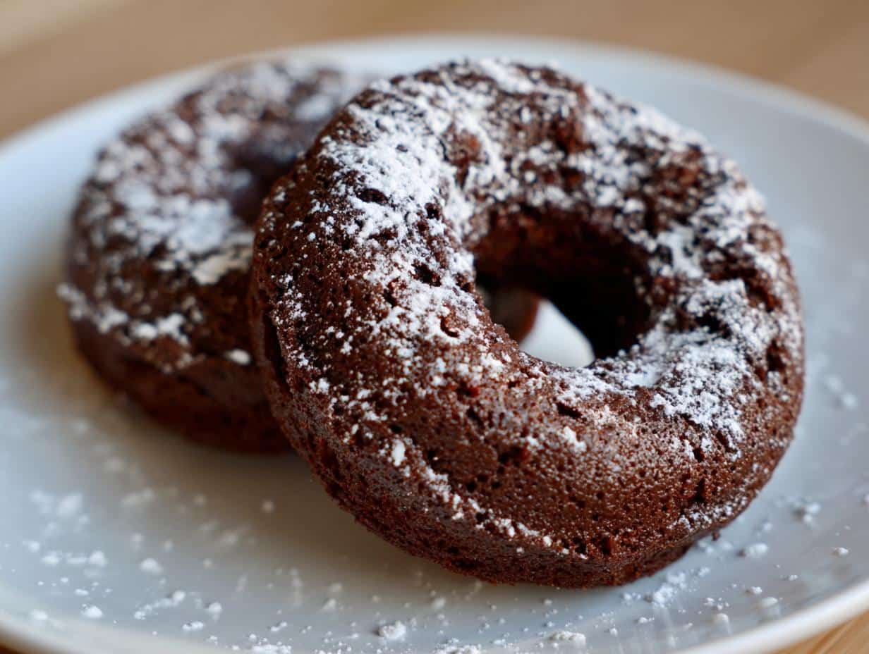 Two Healthy Chocolate Protein Donuts dusted with powdered sugar on a white plate, ready to be enjoyed.