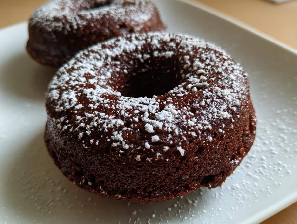 Two Healthy Chocolate Protein Donuts dusted with white powdered sugar on a white plate.
