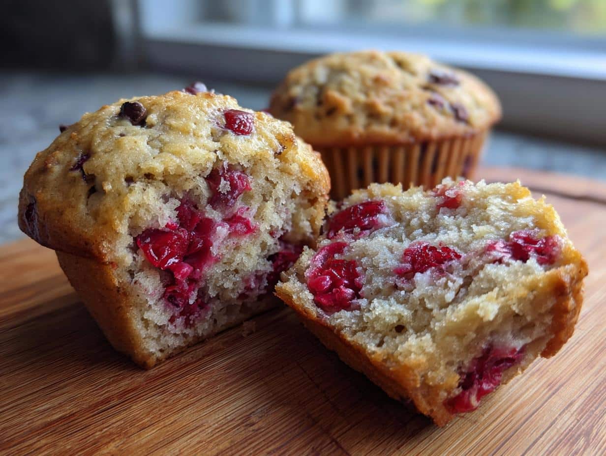A healthy greek yogurt protein muffin cut in half, revealing juicy red cranberries and chocolate chips, on a wooden board.