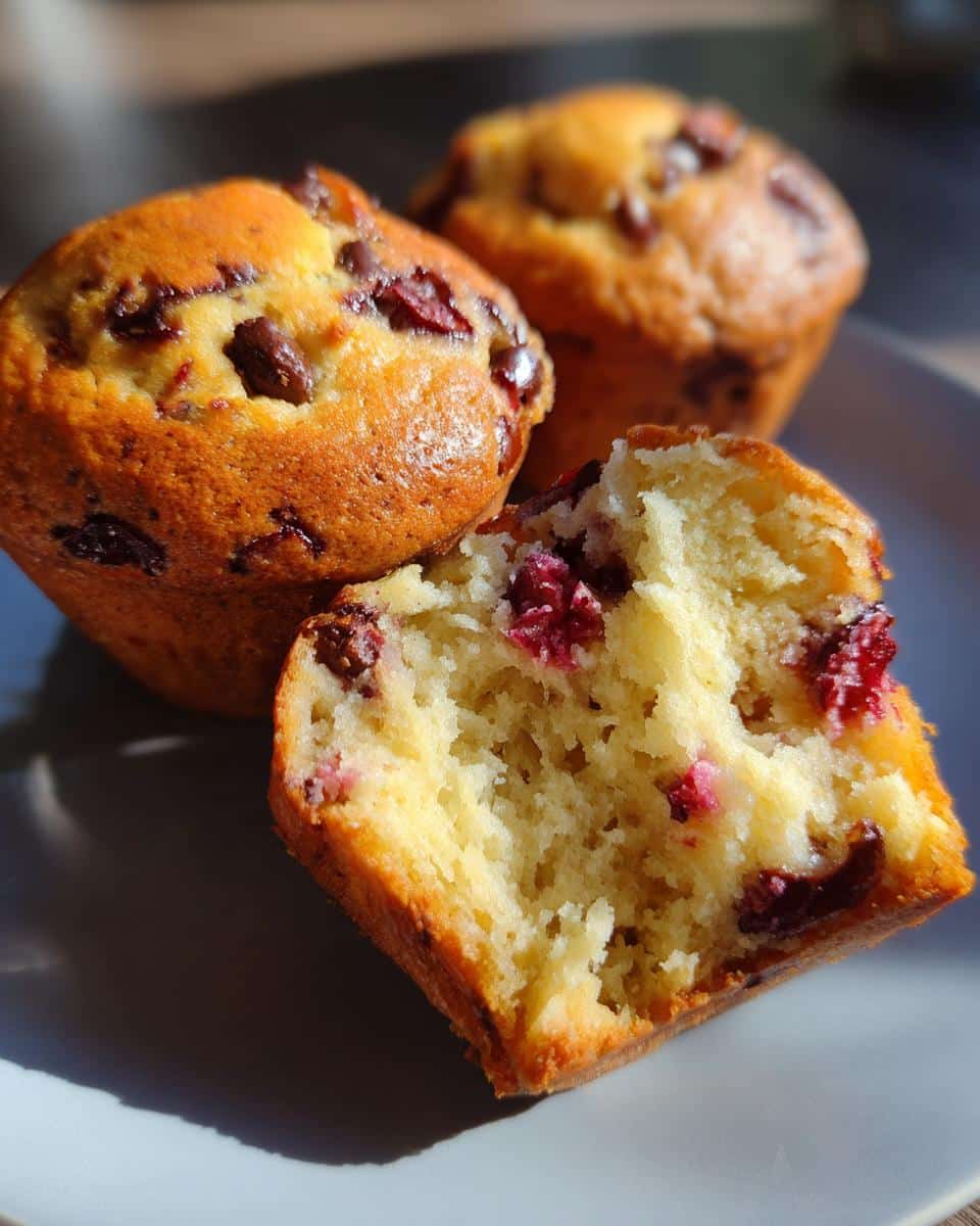 A close-up of healthy greek yogurt protein muffins, one torn open to show the moist interior with berries and chocolate chips.