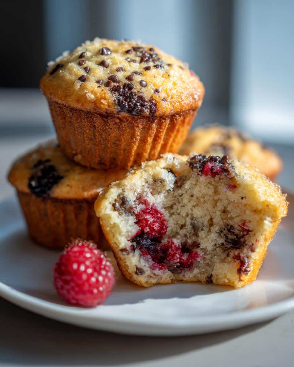 A stack of healthy greek yogurt protein muffins, with one bitten open revealing raspberries and chocolate chips.