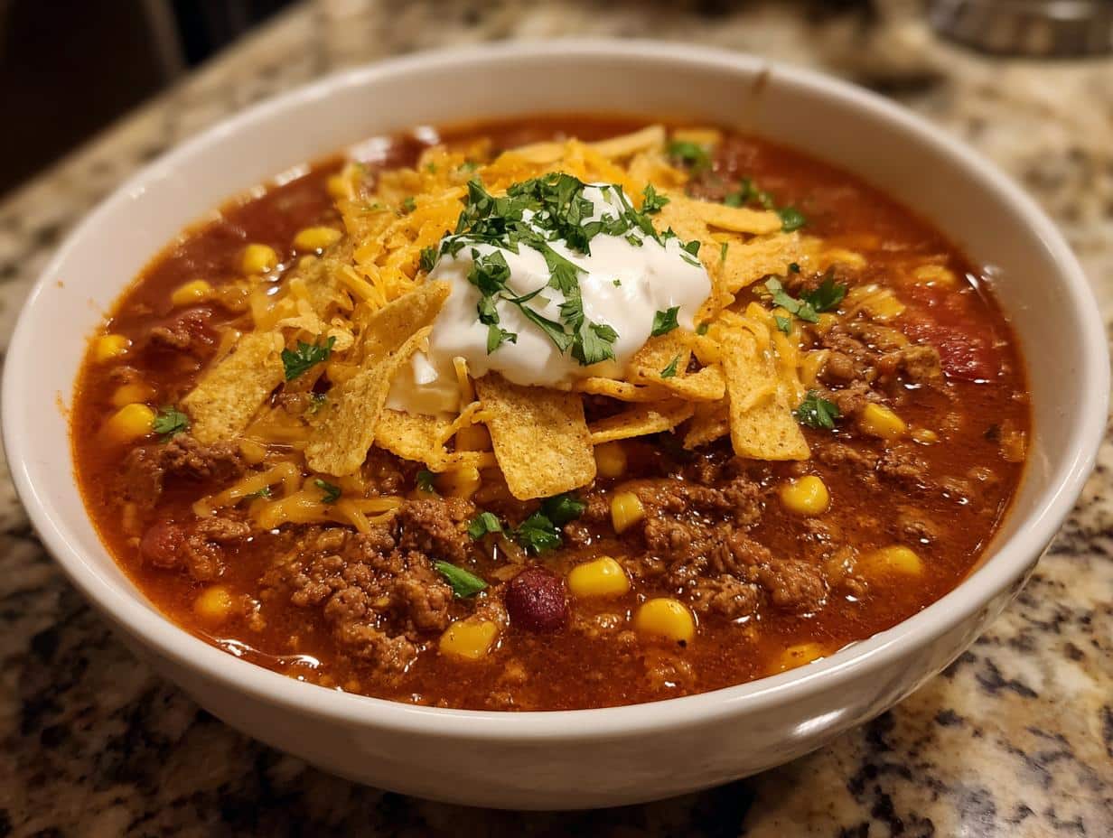 Close-up of a bowl of easy taco soup recipe, topped with sour cream, shredded cheese, tortilla strips, and fresh parsley.