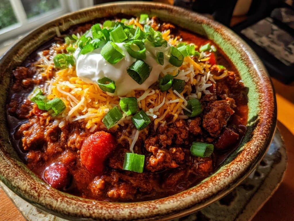 A close-up of a bowl of slow cooker chili recipe, topped with sour cream, shredded cheese, and chopped green onions.