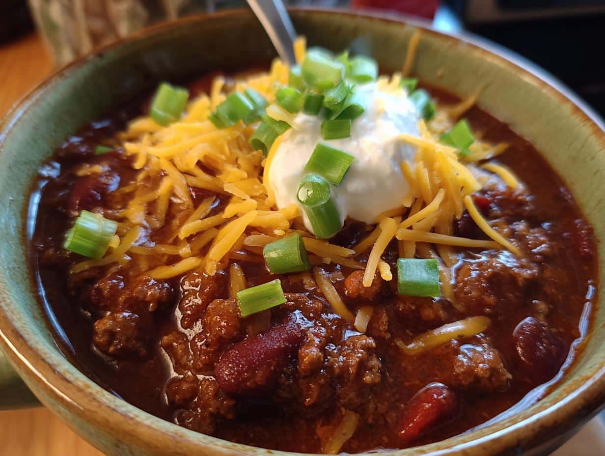 Close-up of a bowl of slow cooker chili, topped with shredded cheddar cheese, a dollop of sour cream, and chopped green onions.