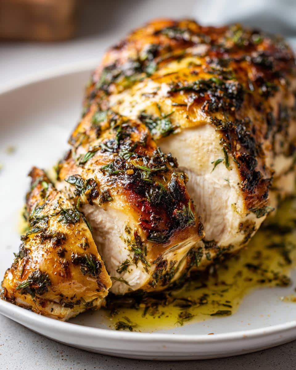Close-up of a perfectly cooked, herb-crusted boneless chicken breast, sliced to show juicy white meat, resting on a white plate with pan juices. This is one of the best chicken breast recipes boneless.