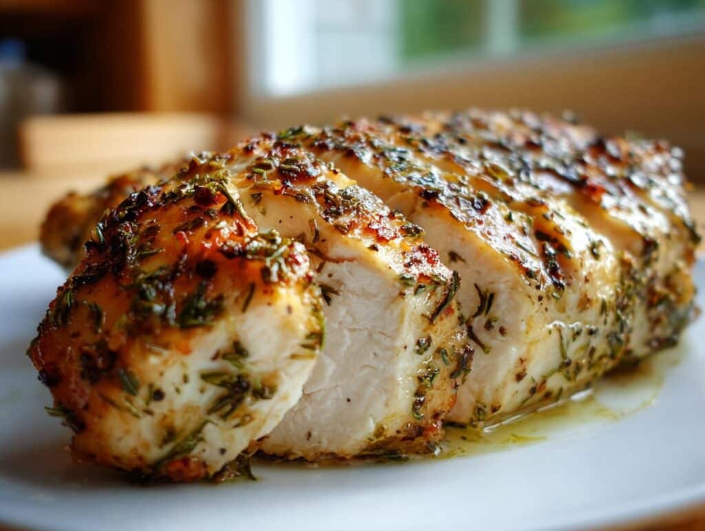 Close-up of a perfectly cooked, herb-crusted boneless chicken breast, sliced and resting on a white plate with juices.