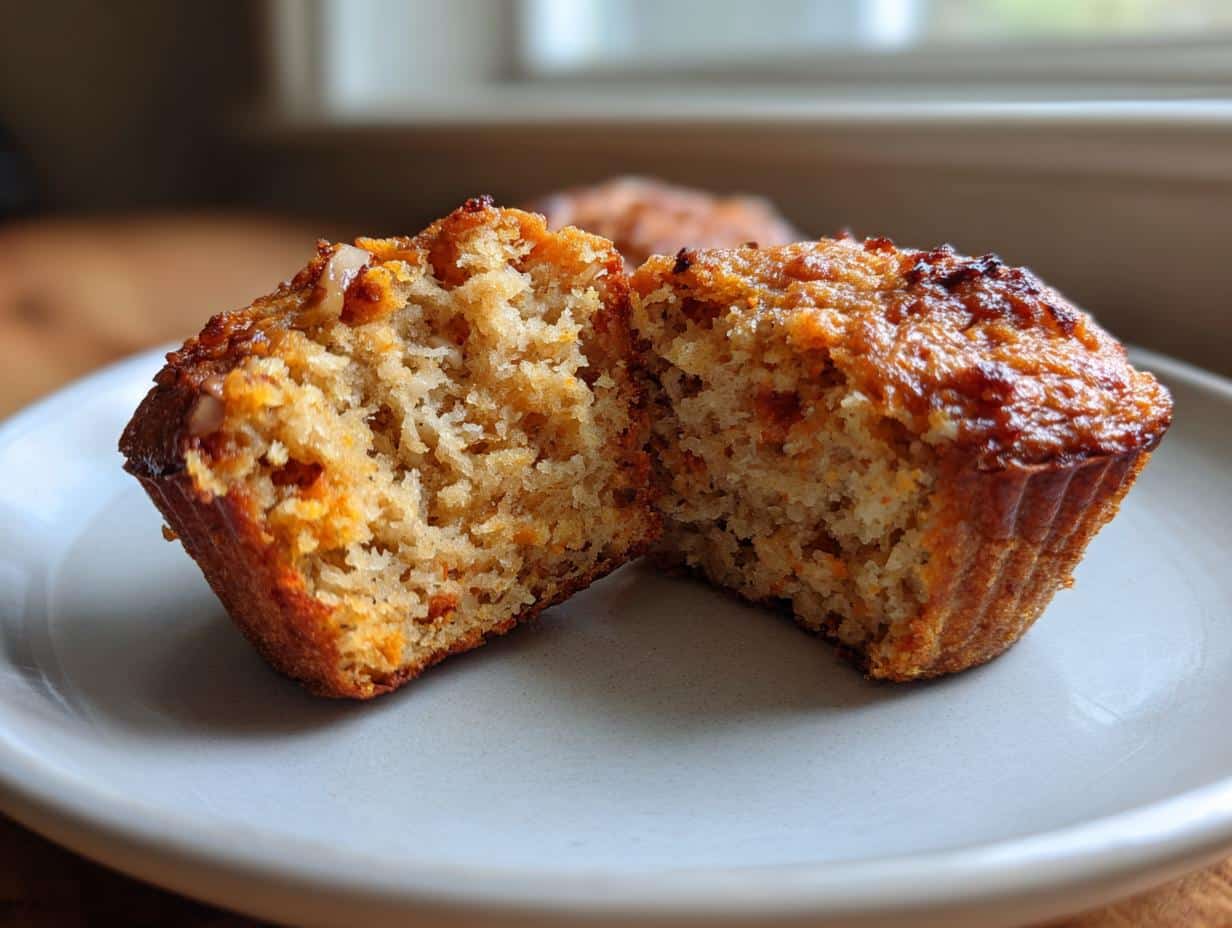Close-up of a high protein cottage cheese pumpkin muffin cut in half, showing its moist, textured interior.