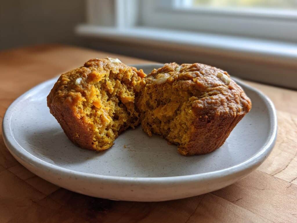 A high protein cottage cheese pumpkin muffin, cut in half, showing its moist interior and pumpkin color on a white plate.