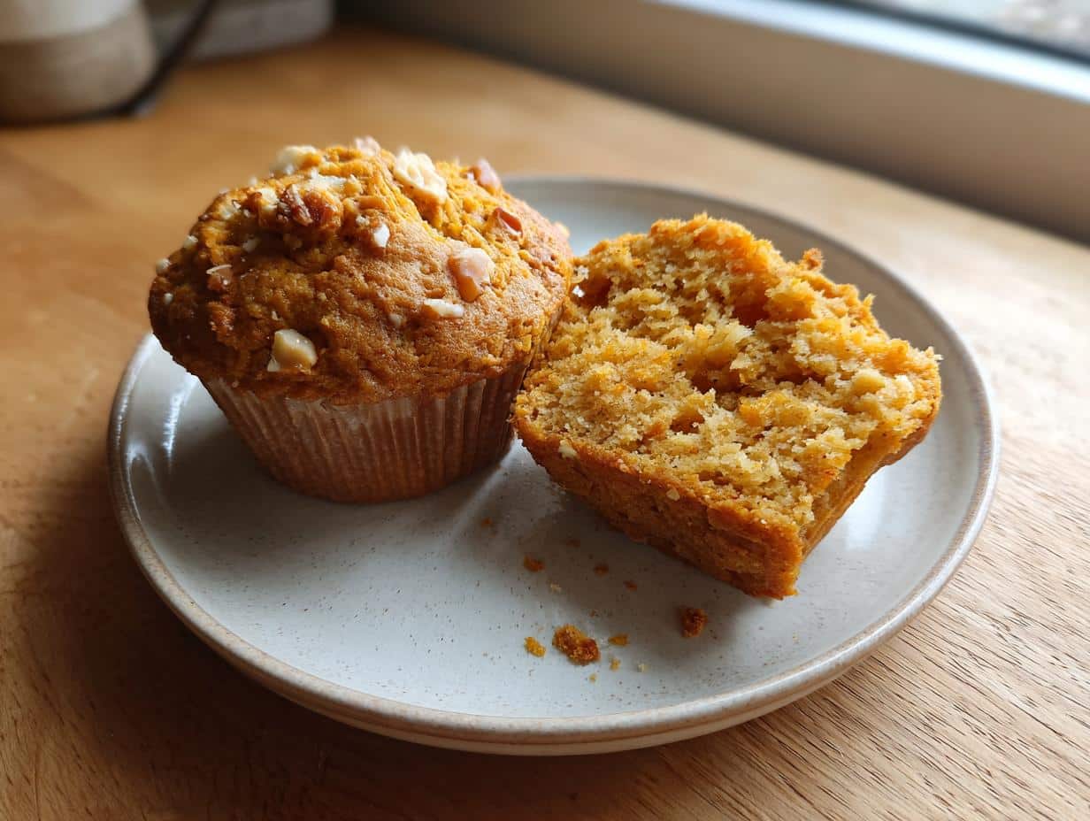 One whole and one halved high protein cottage cheese pumpkin muffin on a white plate, showing the fluffy interior.