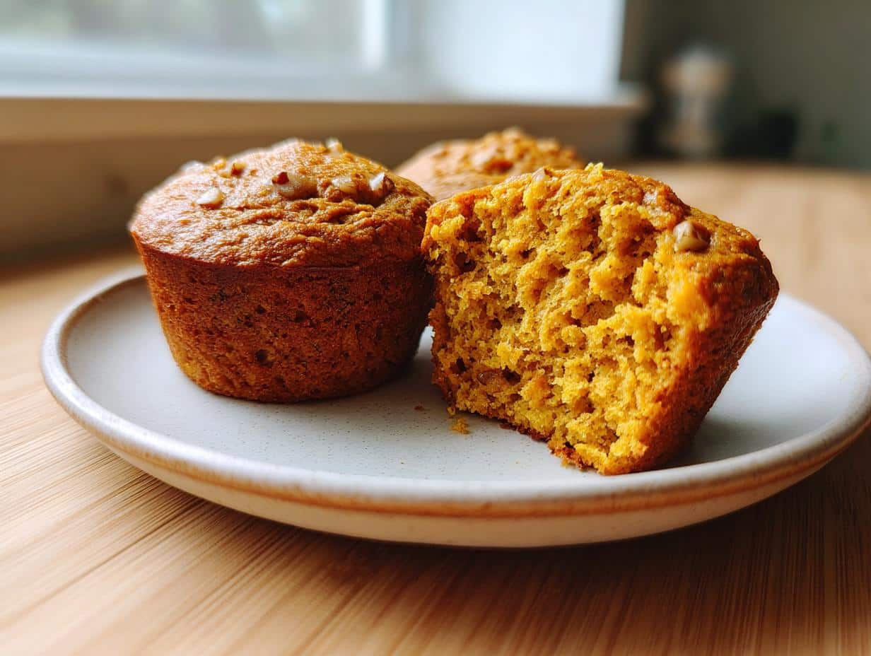 Two high protein cottage cheese pumpkin muffins on a plate, one whole and one cut in half showing its moist interior.