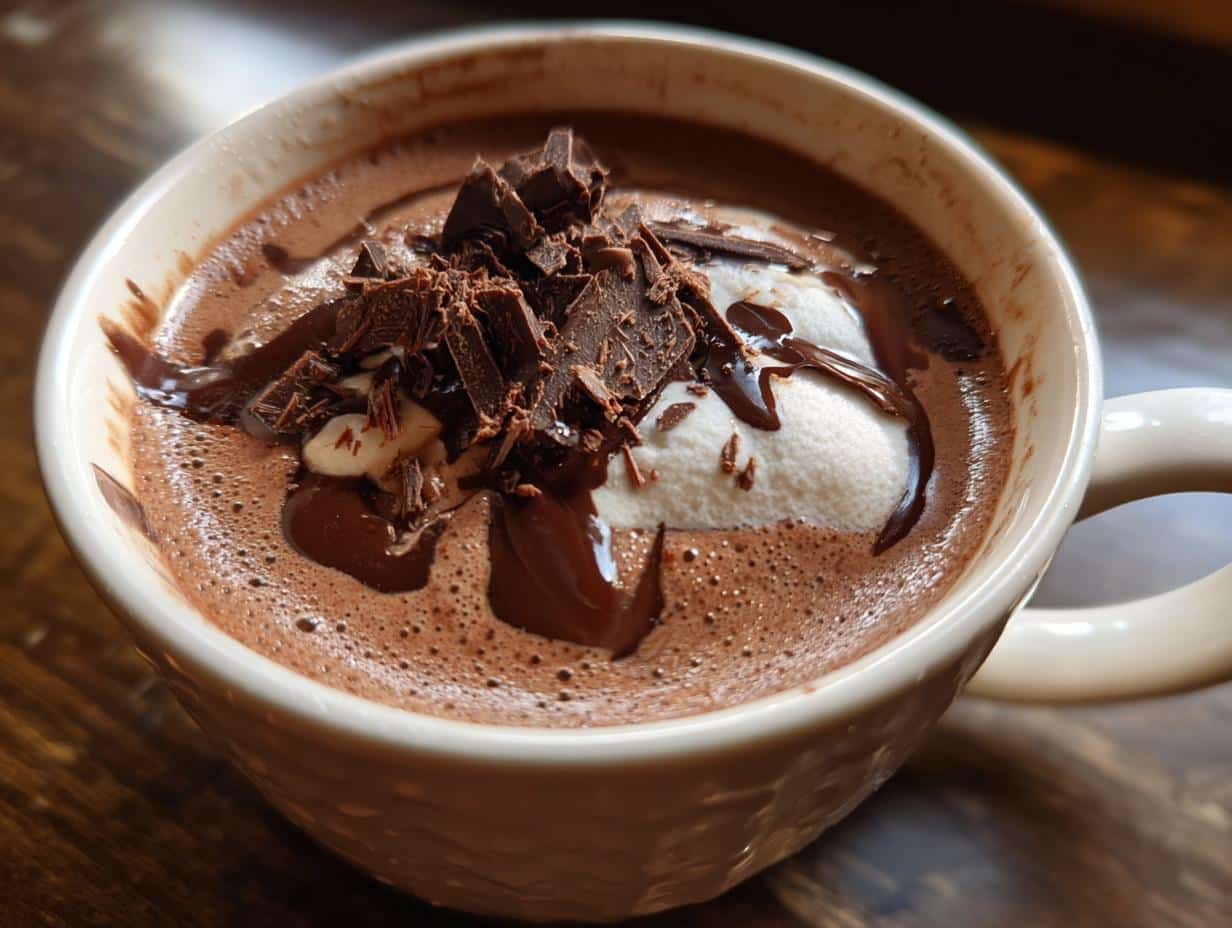 Close-up of a mug of rich homemade hot chocolate mix topped with whipped cream, chocolate syrup, and shaved dark chocolate.