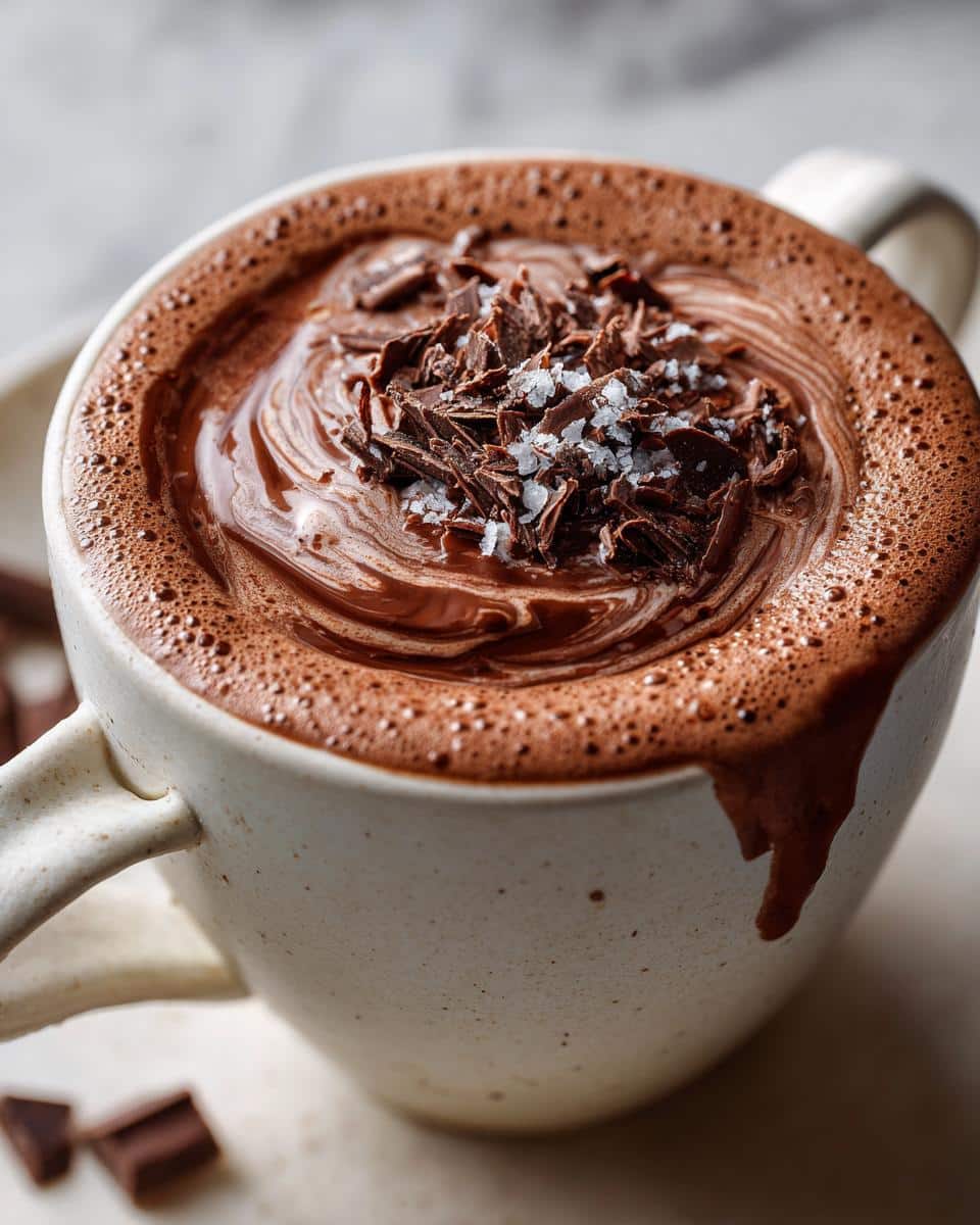 A mug of rich homemade hot chocolate mix topped with chocolate shavings and sea salt, with chocolate pieces nearby.