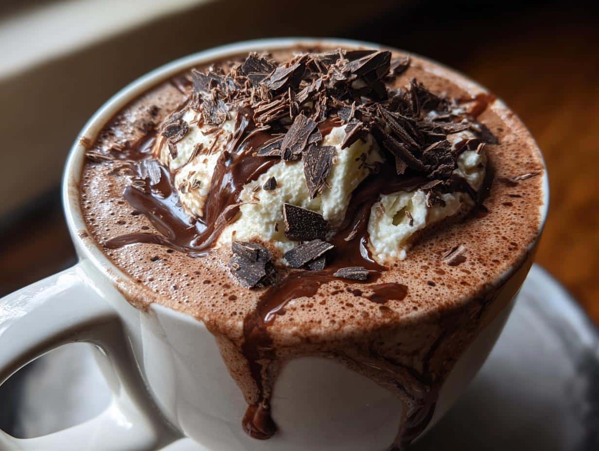 Close-up of a mug of homemade hot chocolate mix topped with whipped cream, chocolate shavings, and chocolate syrup.