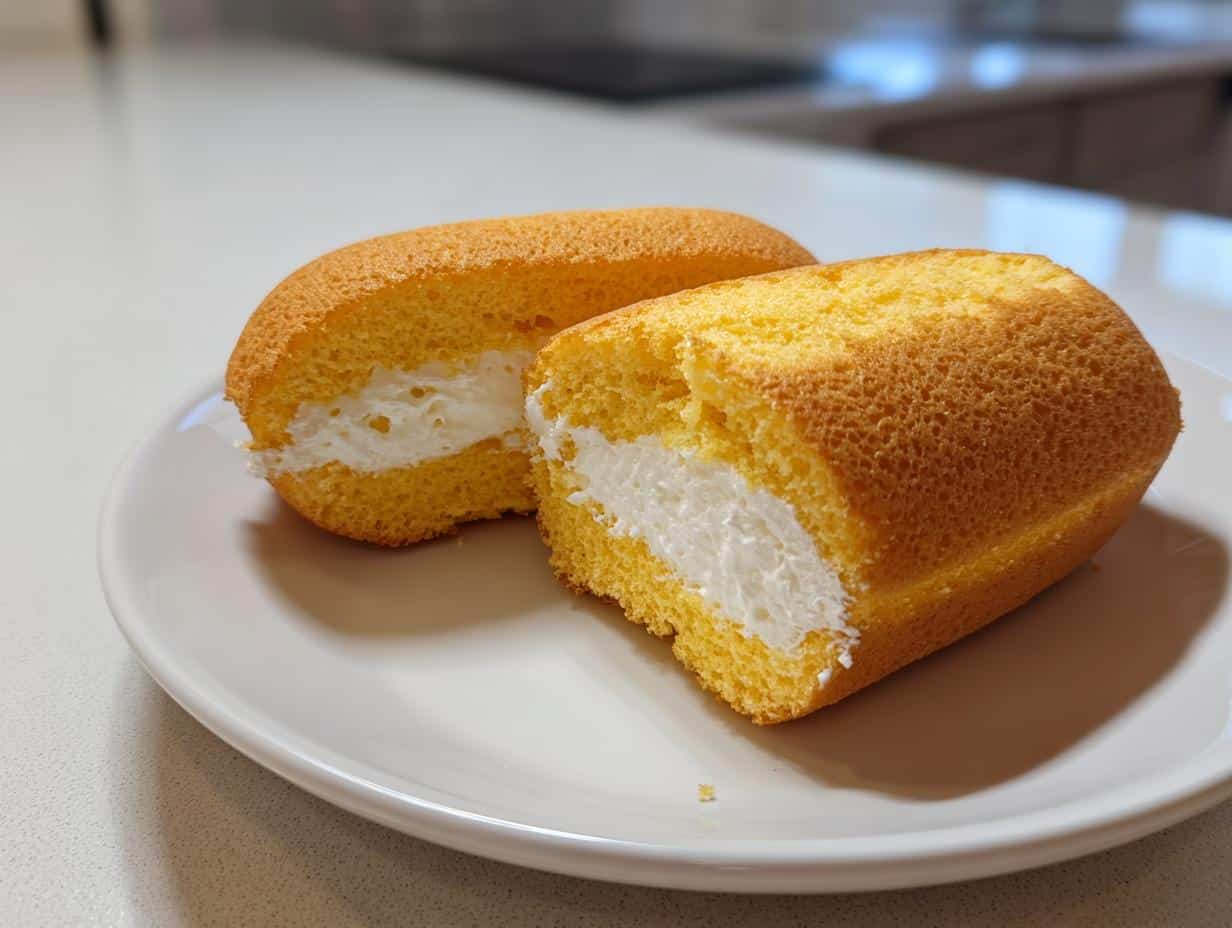 Two Homemade Twinkies, cut in half, revealing the creamy white filling inside, presented on a white plate.