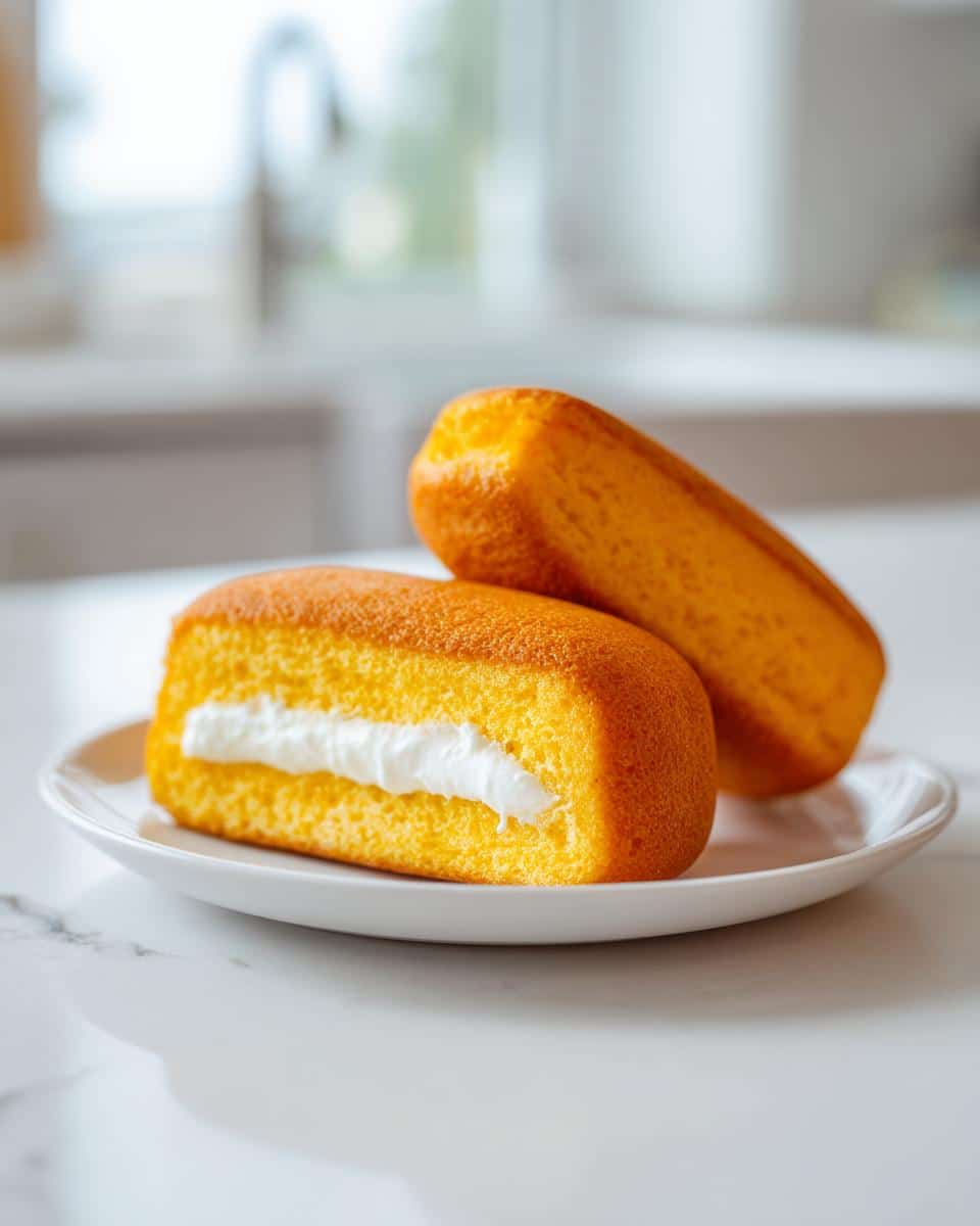 Two golden-brown Homemade Twinkies, one cut open to reveal creamy white filling, on a white plate.
