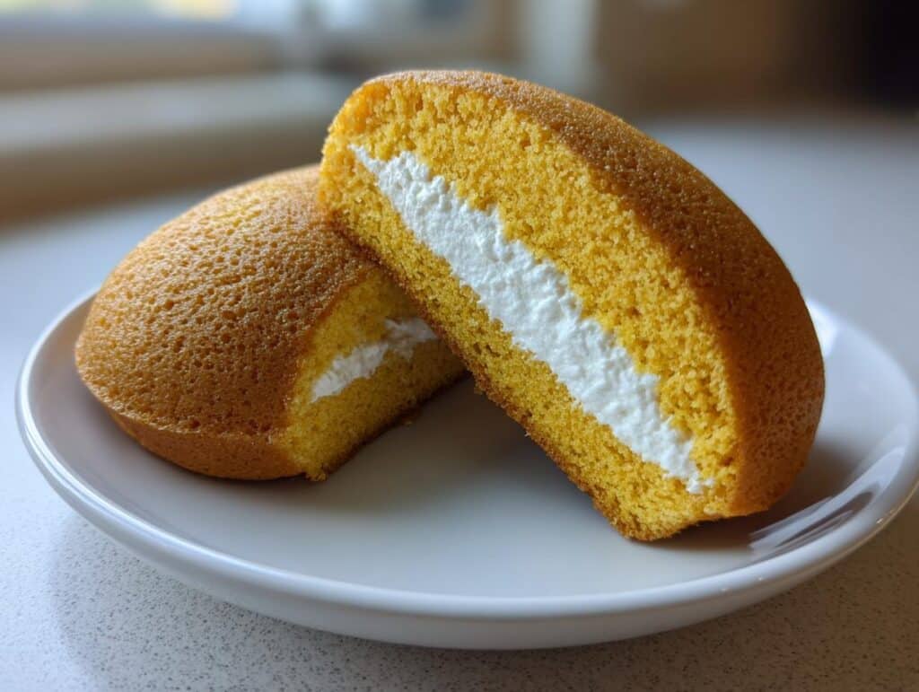 Two halves of a golden yellow Homemade Twinkies on a white plate, revealing the creamy white filling inside.